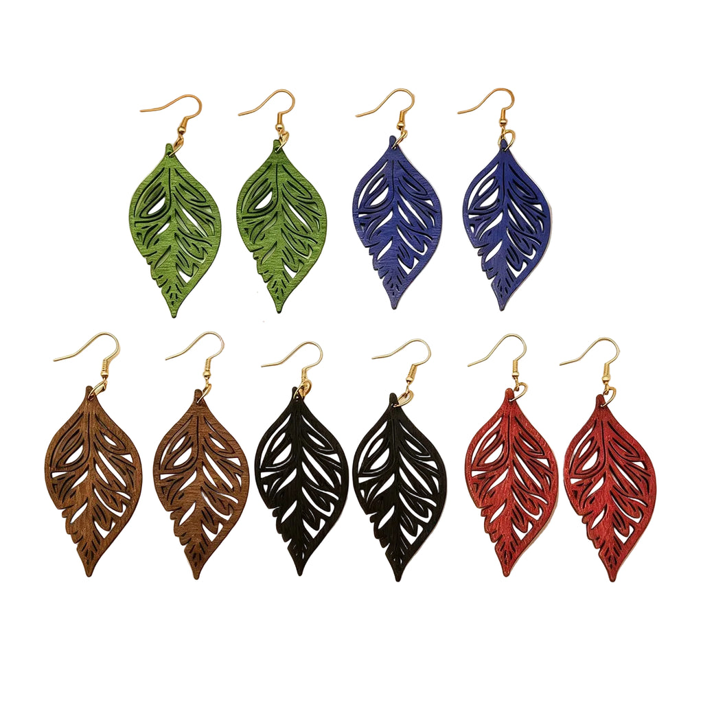 Boho Wooden Leaf Earrings (Set of 5 Pairs)