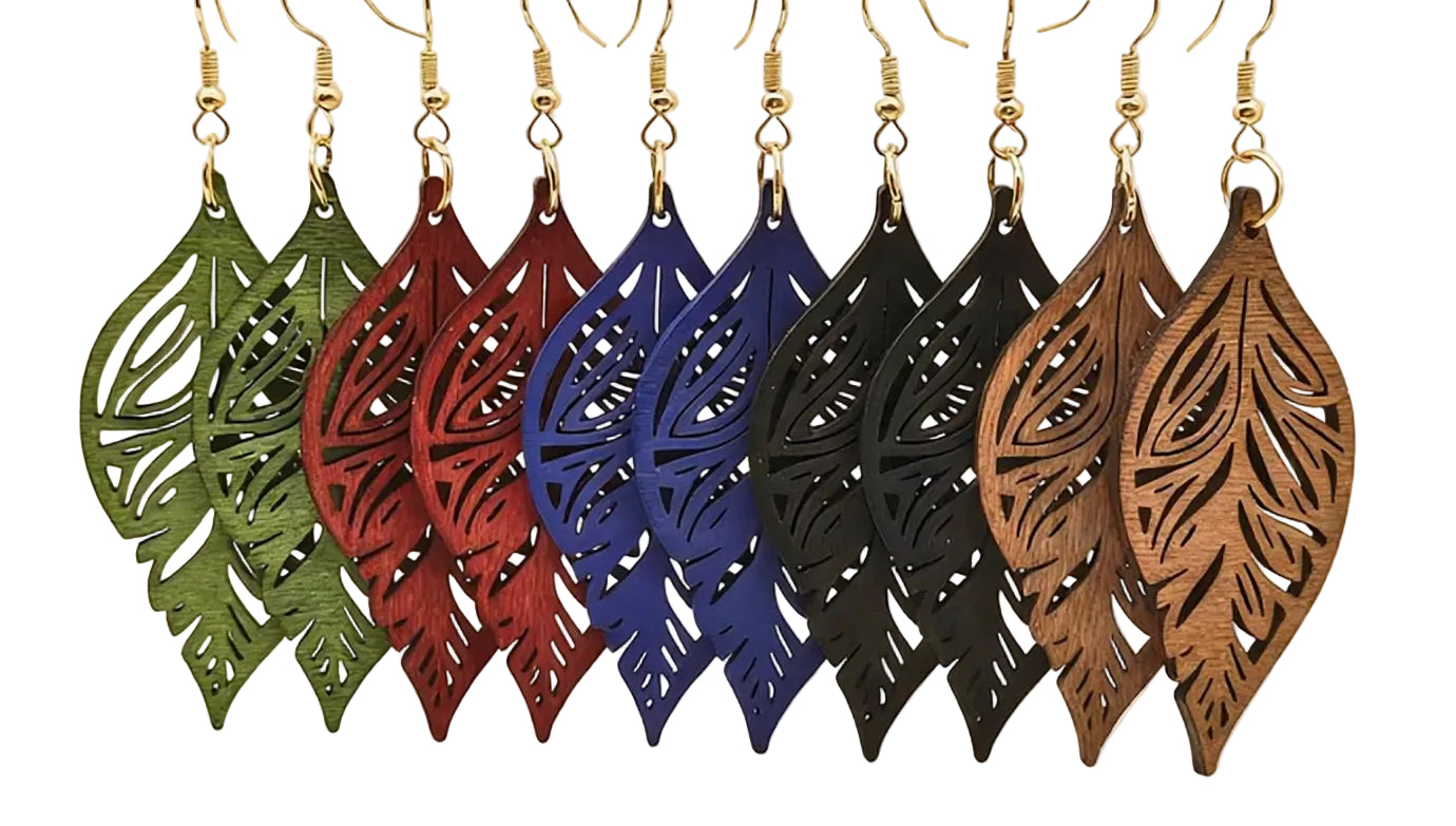 Boho Wooden Leaf Earrings (Set of 5 Pairs)