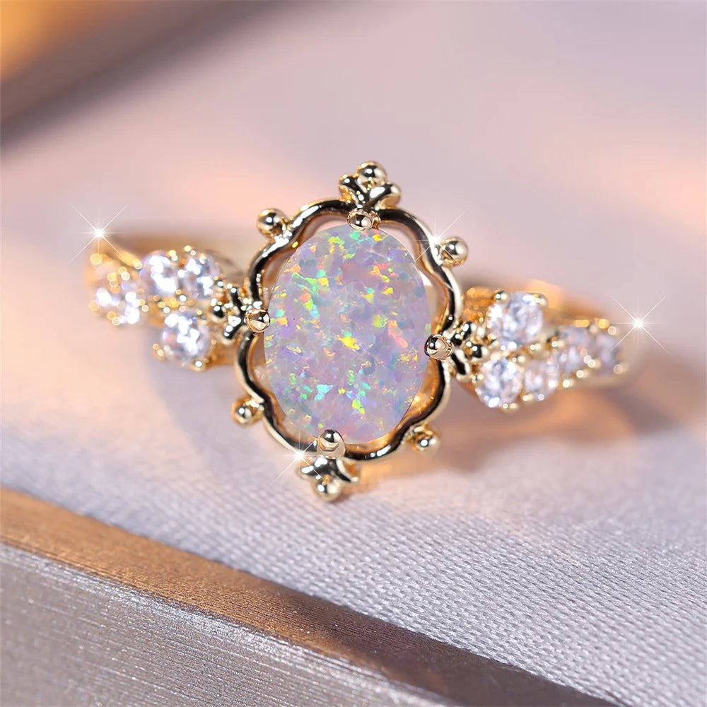 White Fire Opal Oval Stone Ring