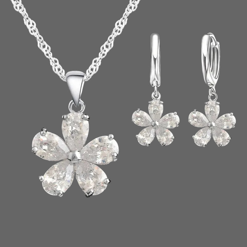 Silver Daisy Drop Earrings & Necklace Set - Sterling Silver