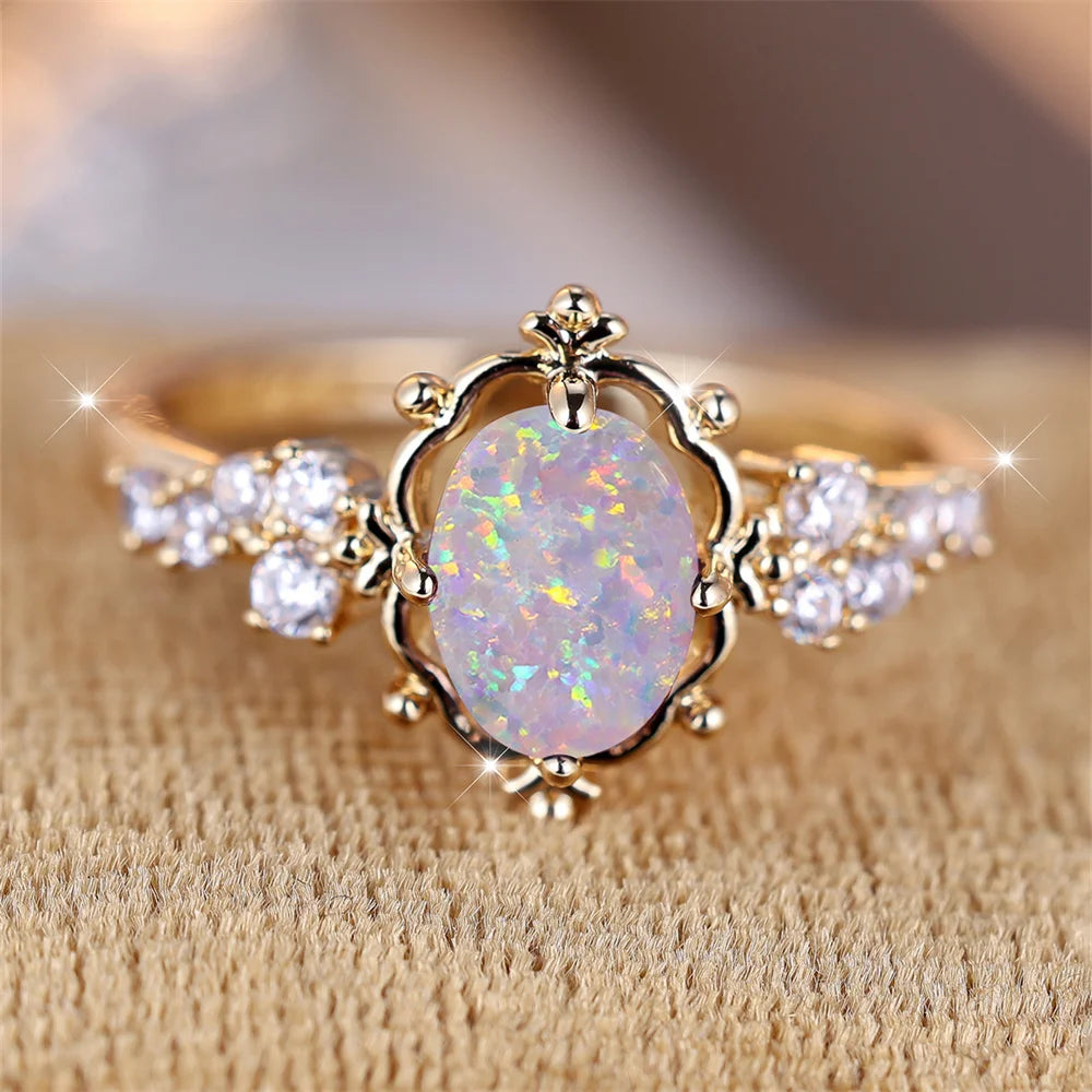 White Fire Opal Oval Stone Ring