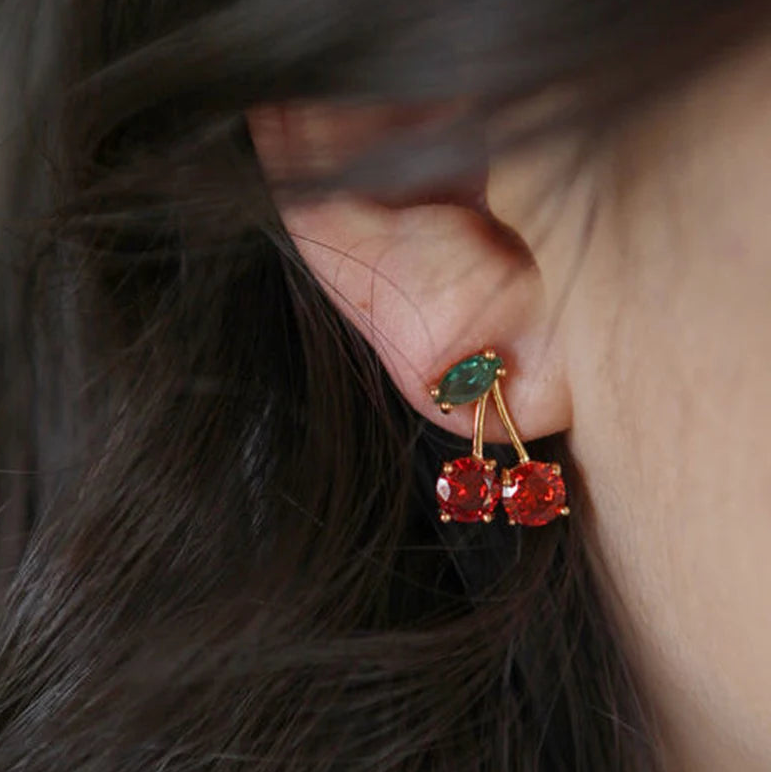 Red Cherries Gold Stud Earrings
