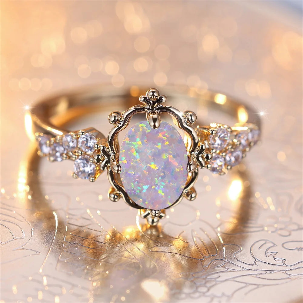 White Fire Opal Oval Stone Ring